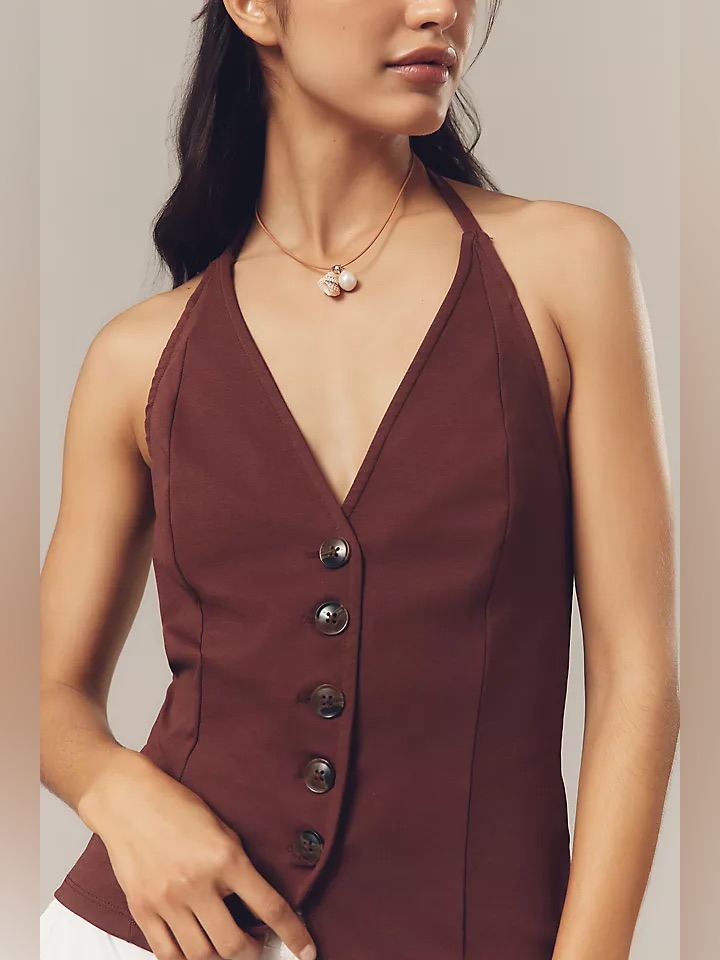 New Anthropologie Brown Halter Vest Top Button Front Fitted Size Small Nwt